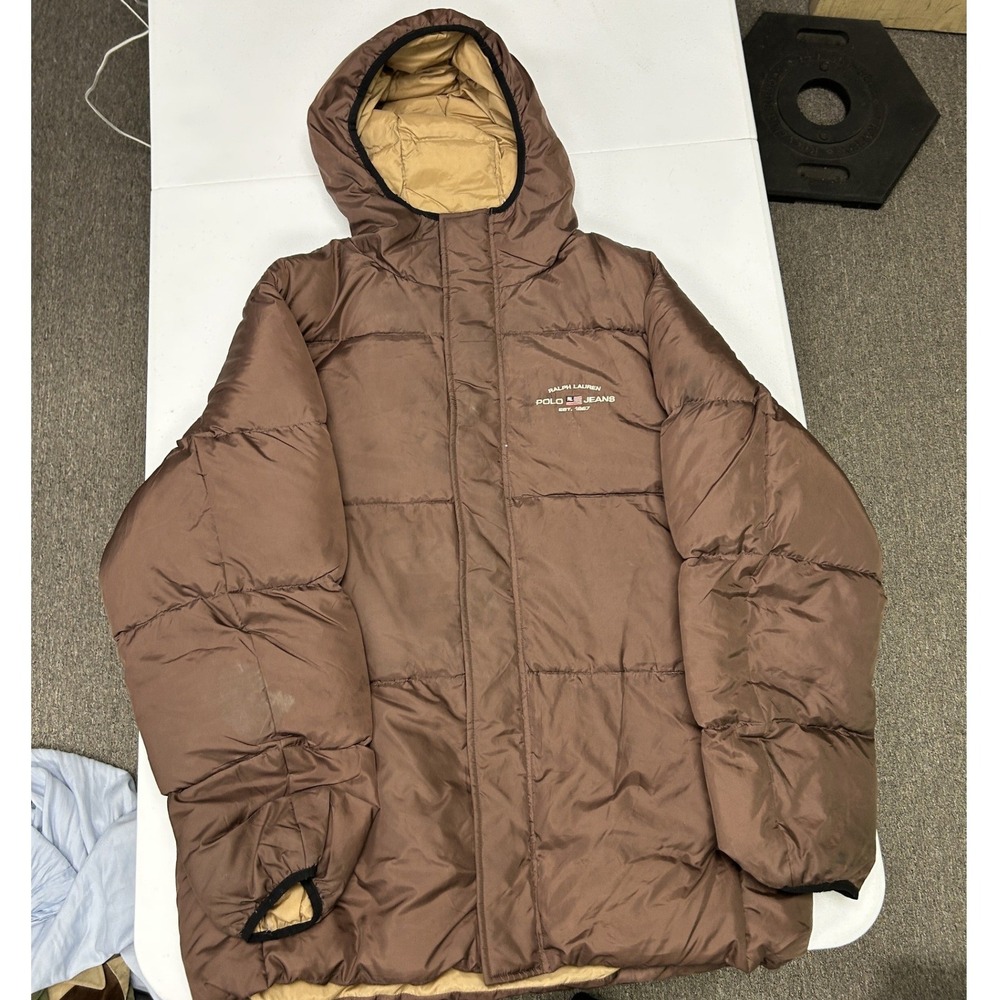 Polo Jeans Co Ralph Lauren Puffer Jacket Mens L Brown Down Quilted Hooded